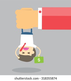 illustration of cartoon businessman squeezed by boss hand in punishment concept. Business man in big hand. Cartoon Flat design. vector.