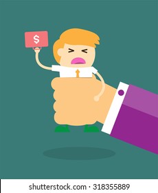 illustration of cartoon businessman squeezed by boss hand in punishment concept. Business man in big hand. Cartoon Flat design. vector.