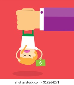 illustration of cartoon businessman squeezed by boss hand in punishment concept. Business man in big hand. Cartoon Flat design. vector.