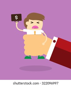 illustration of cartoon businessman squeezed by boss hand in punishment concept. Business man in big hand.