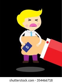 illustration of cartoon businessman squeezed by boss hand in punishment concept. Business man in big hand. flat design