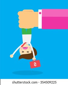 illustration of cartoon businessman squeezed by boss hand in punishment concept. Business man in big hand. Cartoon Flat design. vector. Oppressed, depressed, passive, intimidated. Brutal, Head hanging