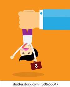 illustration of cartoon businessman squeezed by boss hand in punishment concept. Business man in big hand. Cartoon Flat design. vector. Oppressed, depressed, passive, intimidated. Brutal, Head hanging