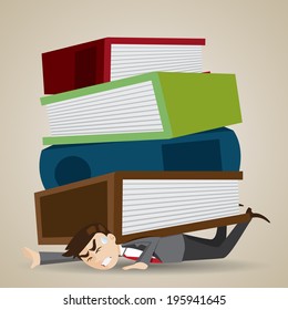 illustration of cartoon businessman with stack of folder and book over his back in workload concept
