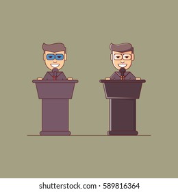 illustration of cartoon businessman talking on a podium. sales presentation. Public Speaker A businessman giving a speech to a crowd of people. The businessman & podium, crowd, and background.