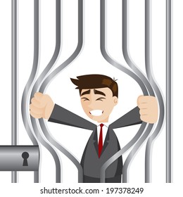illustration of cartoon businessman trying to break prison