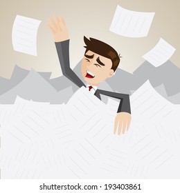 illustration of cartoon businessman under pile of paper