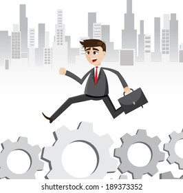 illustration of cartoon businessman walking on gear way.working routine concept.