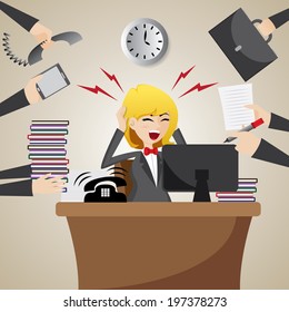 illustration of cartoon businesswoman with many workload