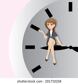 illustration of cartoon businesswoman sitting on clockwise