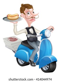 An Illustration of a Cartoon Butler on Scooter Moped Delivering Hotdog