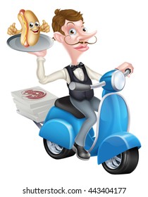 An Illustration of a Cartoon Butler on Scooter Moped Delivering Hot Dog