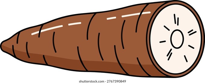 Illustration of a cartoon cassava root vegetable, showing its brown skin and white flesh.