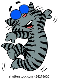 An illustration of a cartoon cat dancing happily.