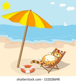illustration cartoon cat on the beach-eps10