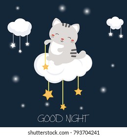 Illustration with cartoon cat sitting on the cloud. Good night card.