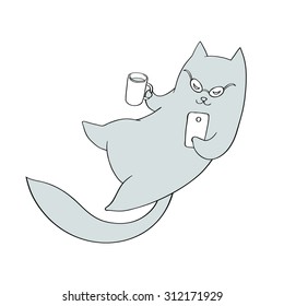 Illustration of cartoon cat with smartphone and coffee cup. Line art. Coloring book
