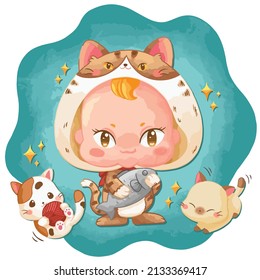 Illustration of cartoon character baby cat by watercolor