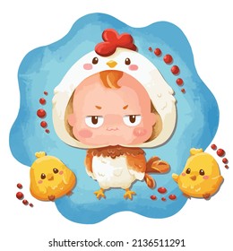 Illustration of cartoon character baby chicken by watercolor