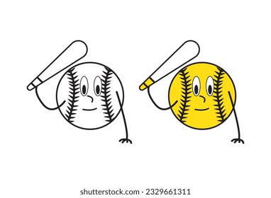 An illustration of cartoon character baseball players, featuring a baseball mascot holding a bat.