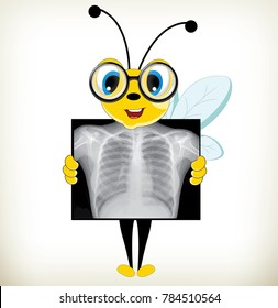 Illustration of cartoon character bee holding  X-ray screen showing skeleton. Medical check up, inspect, ultrasound. Health examination, test. Healthcare concept. 