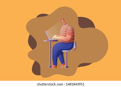 Illustration cartoon character of a big man sitting, doing work with laptop, computer, clouds or water shape background. 