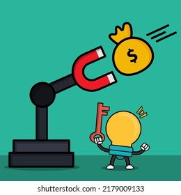Illustration of cartoon character bulb lamp with business activity.