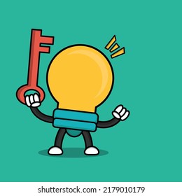 Illustration of cartoon character bulb lamp and key with business activity.