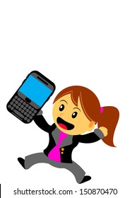 illustration cartoon character businesswoman with qwerty smartphone