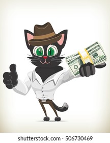 Illustration of cartoon character cat holding money on white background