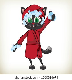 Illustration of cartoon character cat wearing red bathrobe  on white background. Cartoon vector illustration