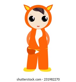 Illustration of cartoon character child in animal costume isolated on white background. Cute kid in fox jams. Childish vector anime flat style