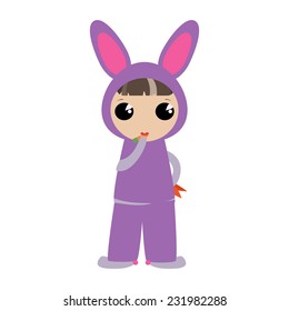 Illustration of cartoon character child in animal costume isolated on white background. Cute vector with elements of anime style. Child rabbit flat style