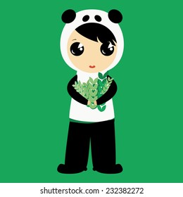 Illustration of cartoon character child in animal costume isolated on white background. Cute kid in panda bear jams. Childish vector anime flat style