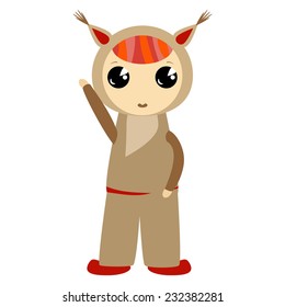Illustration of cartoon character child in animal costume isolated on white background. Cute kid in lynx jams. Childish vector anime flat style