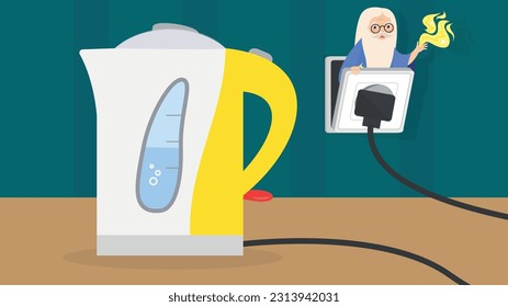 Illustration of a cartoon character with an electric kettle in the kitchen