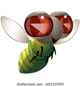 Illustration of cartoon character flying green fly over white background.