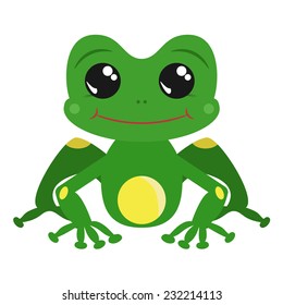 Illustration of cartoon character frog isolated on white background. Cute animal with big eyes and smile. Cartoon vector with anime and flat elements