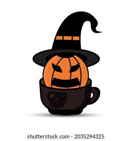 Illustration cartoon character halloween pumpkin in a coffee cup. illustration flat style. design template vector