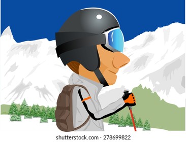 illustration of cartoon character of male skier standing amongst snow capped mountains