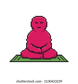 Illustration of a cartoon character in meditative pose in pixel art style