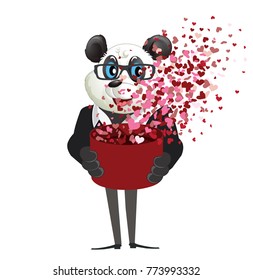 Illustration of cartoon character panda holding a box with full of flying hearts in, on white background. Valentines Day Concept.