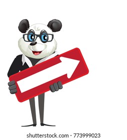 Illustration of cartoon character panda holding arrow sign on white background