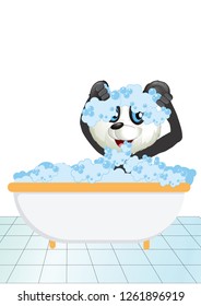 Illustration of cartoon character panda is taking a bath.