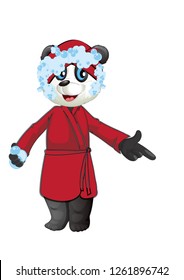 Illustration of cartoon character panda wearing red bathrobe  on white background. Cartoon vector illustration