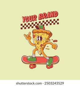 illustration of a cartoon character of a pizza slice skating on a skateboard