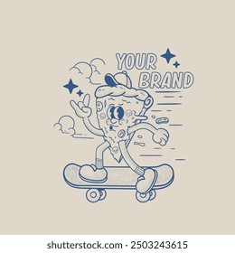illustration of a cartoon character of a pizza slice skating on a skateboard in vintage style