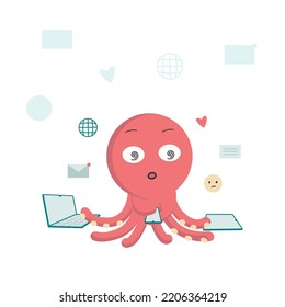 Illustration of a cartoon character, a red octopus working on different gadgets in social networks..