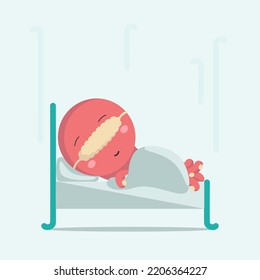 Illustration cartoon character  red octopus and bandage lying in bed pillow under blanket   sleeping 