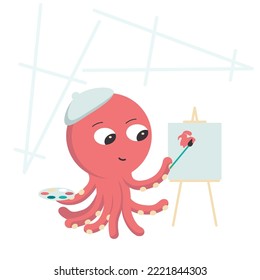 Illustration of a cartoon character, a red octopus in a beret stands near an easel and paints with a palette knife.